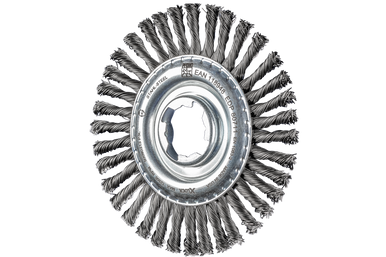 PFERD 4" OD stringer bead, knot wheel brush - .020" stainless steel wire, X-LOCK mounting system
